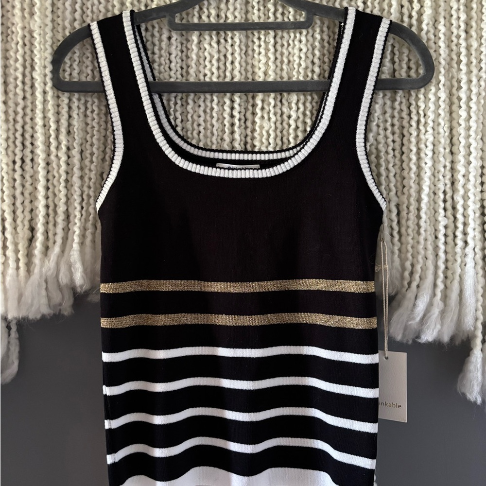 Black & White Striped knit Tank Top with Gold Accent
